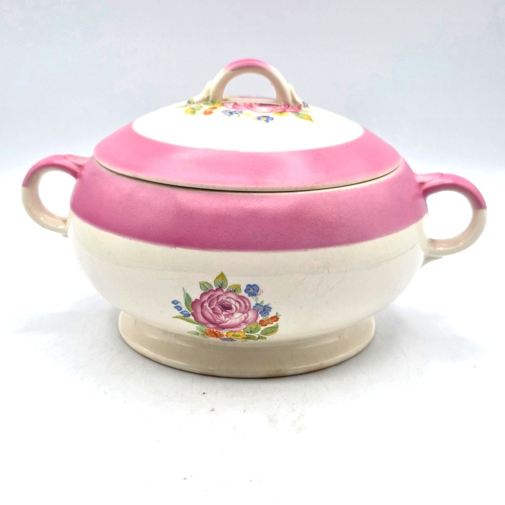 Large Vintage Shabby Chic Covered Casserole  Pink & Cream with Rose Unmarked
